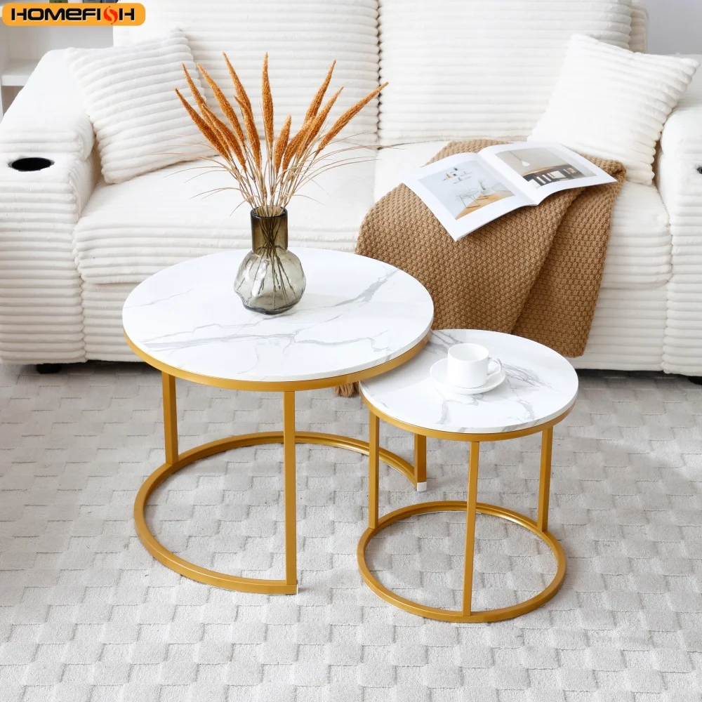 2Pcs Coffee Table Round 2 in 1 End Side Table Desk Nordic Marble Glass Home Sofa Tables Living Room Luxury Side Tables 60CM/80CM - Image 5
