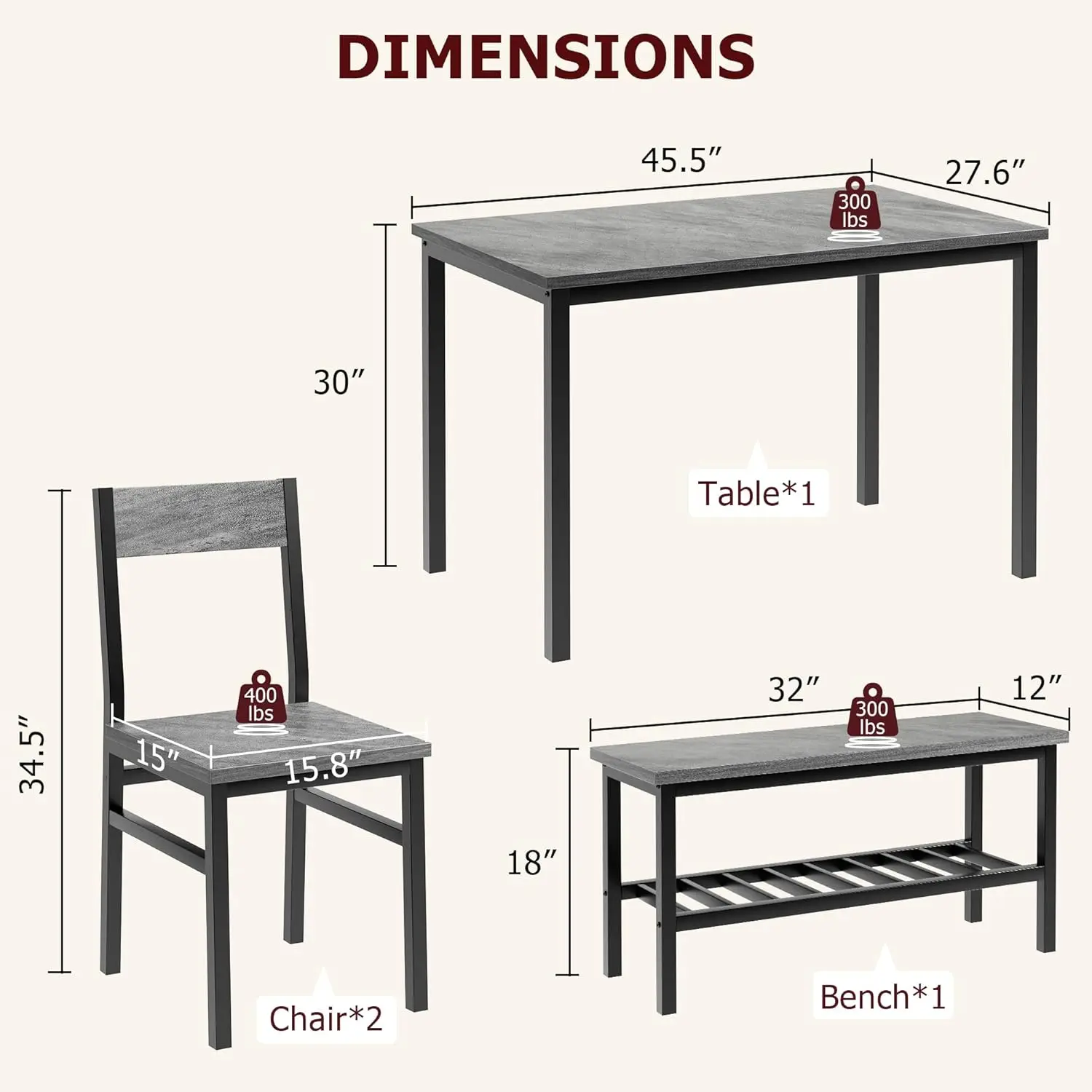 Kitchen Table and 2 Chairs for 4 with Bench,4 Piece Dining Table Set,Dining Room Table Set for Small Space - Image 3