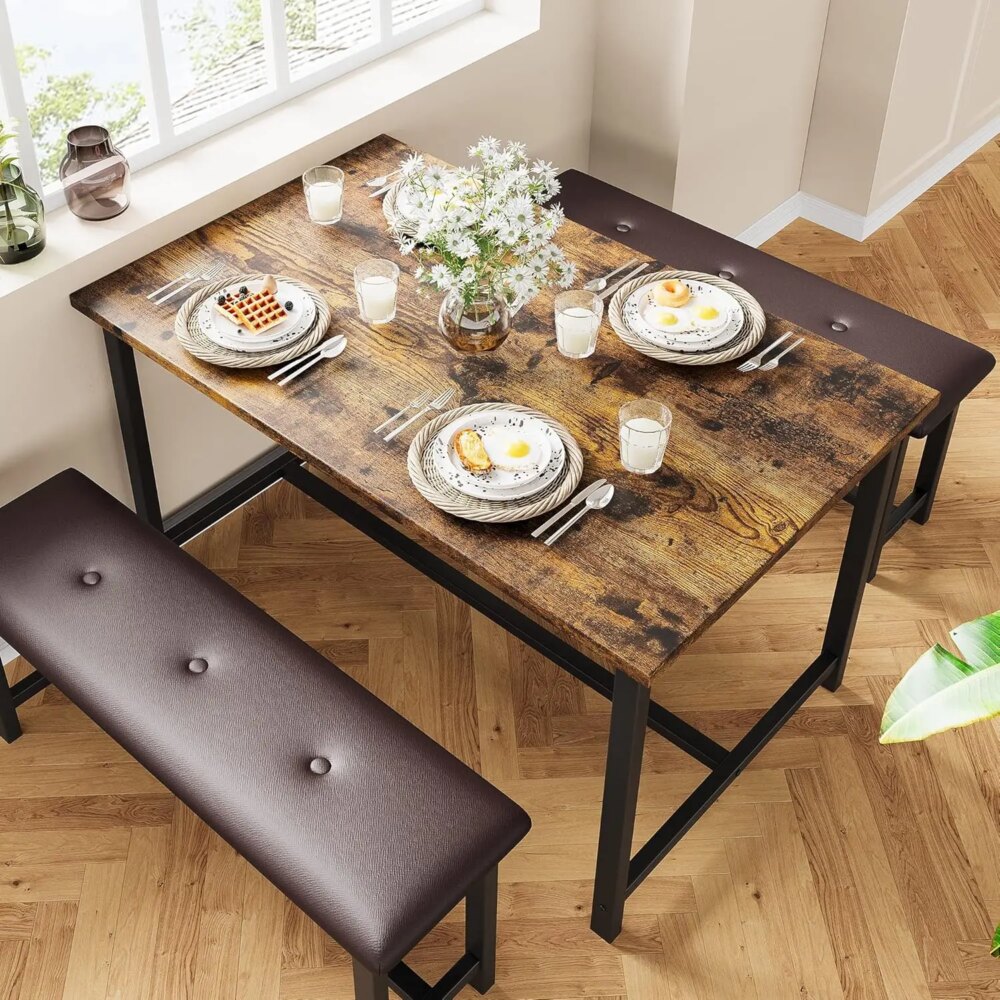 Brown Dining Table Set for 4, Rectangular Dining Room Table Set With Upholstered Benches, 3pcs/set Kitchen Table, Home Apartment