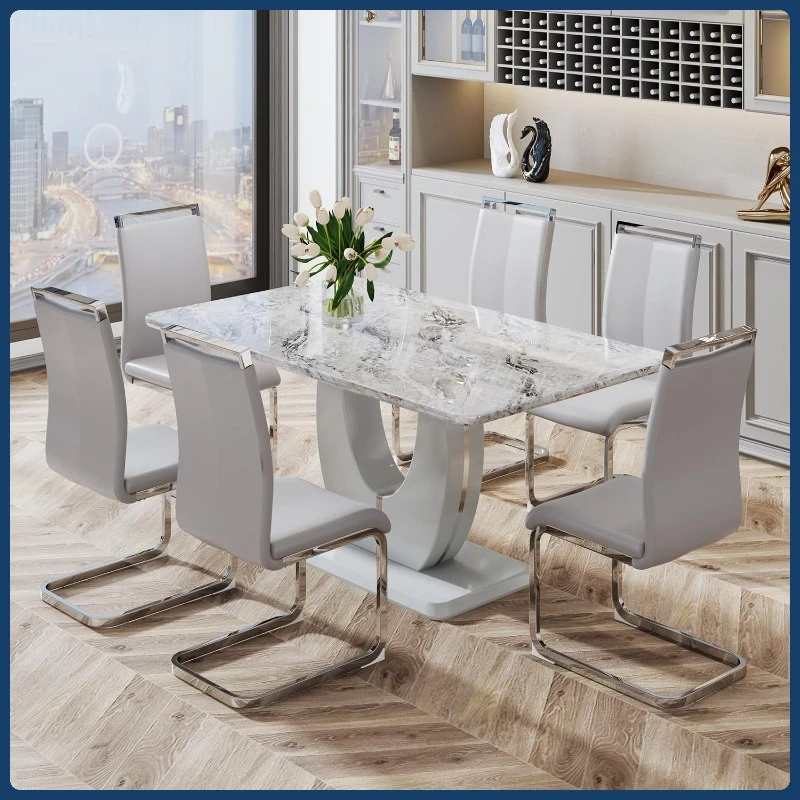 Gray 6-Person Dining Table Set - Faux Marble Top, PU Leather Chairs