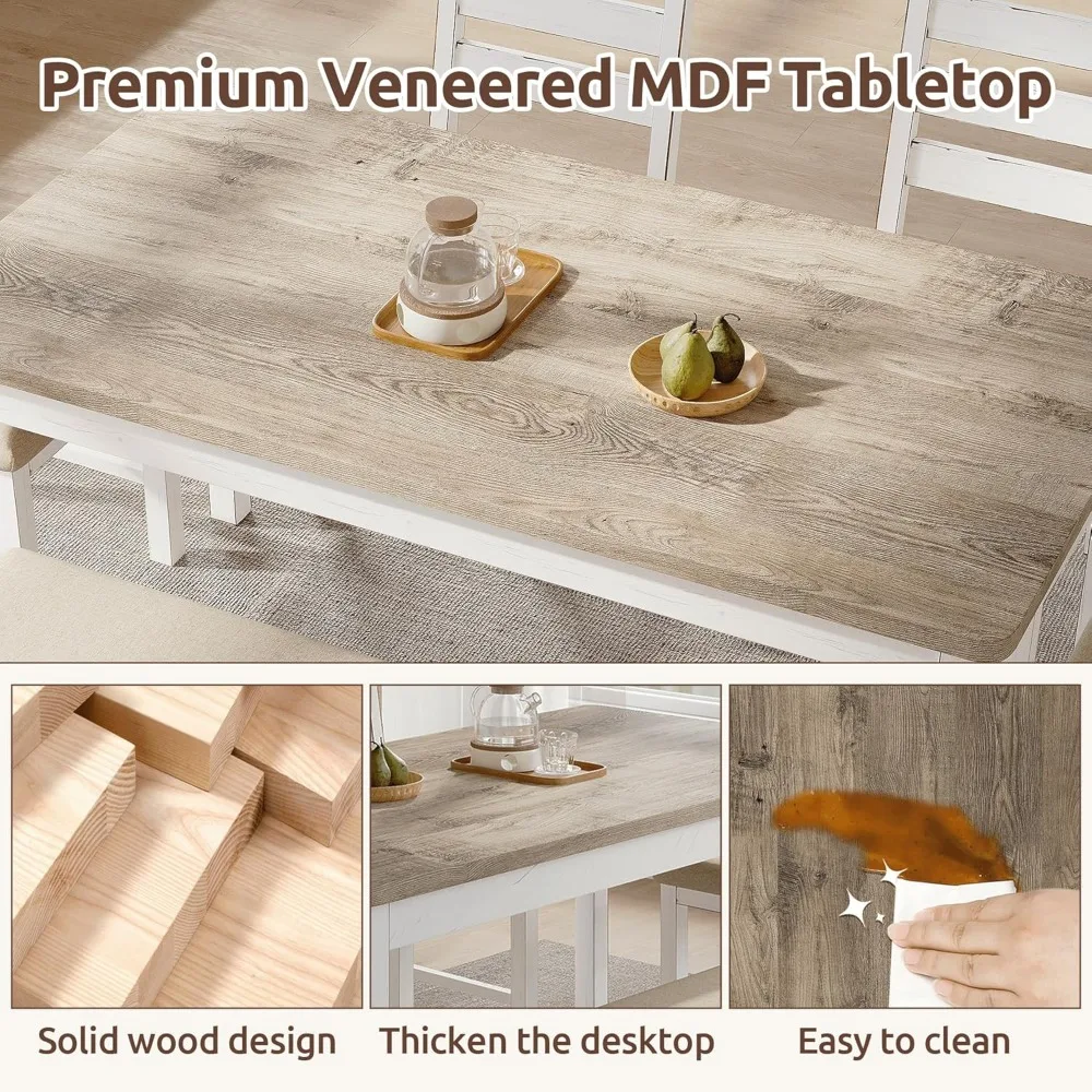 59" Dining Table Set Farmhouse Rectangular White Kitchen Room Table & Chairs Set Solid Wood Stable Space Saving Easy Clean - Image 5