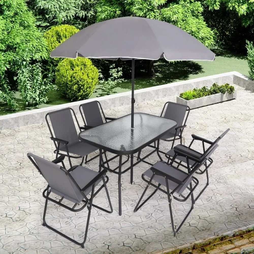 Garden Furniture Sets, 8 Piece Set with Umbrella, Garden Outdoor Furniture Table Set with Removable Umbrella, Glass Table