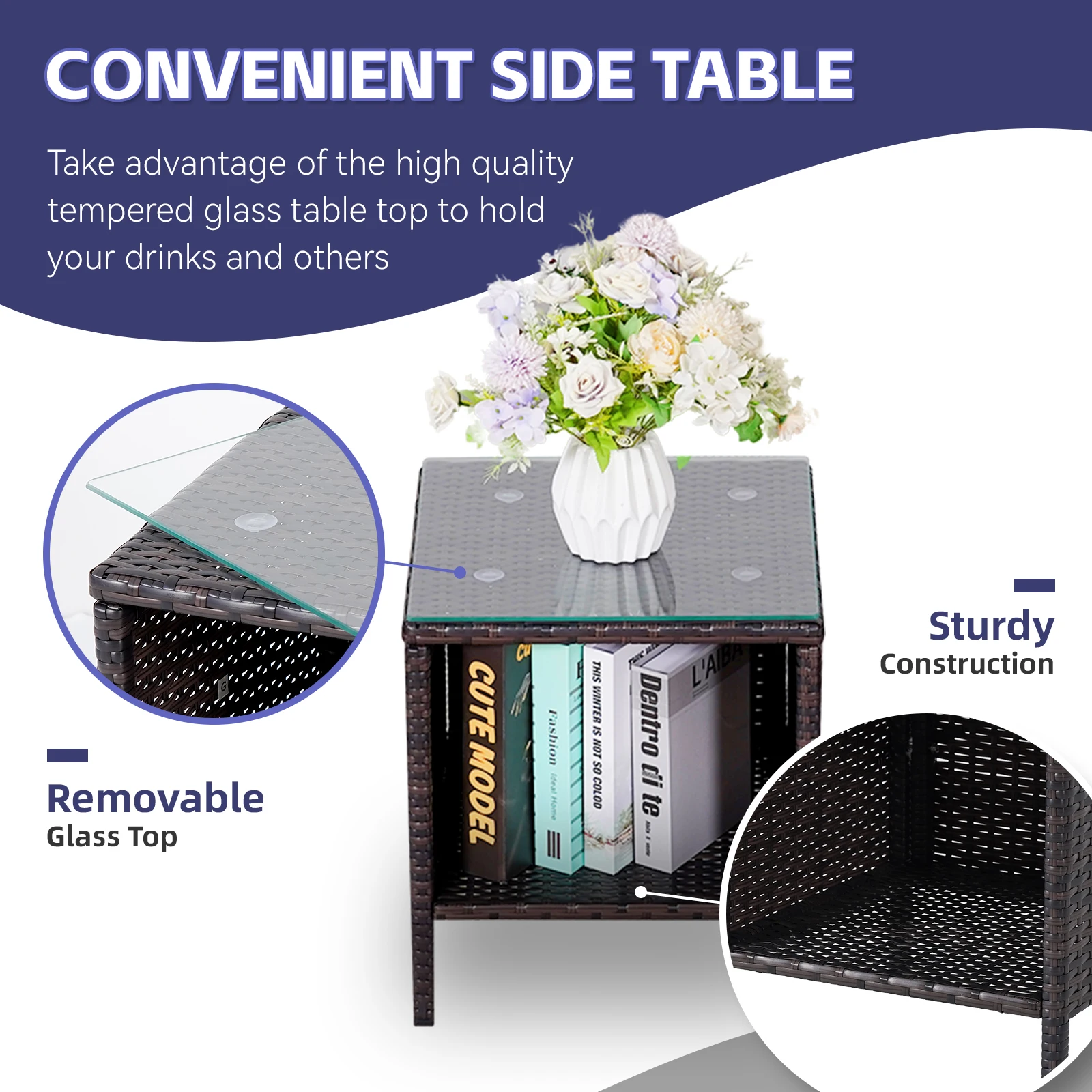 NAGA BAHNA 3-Piece Bistro Set Outdoor Patio Furniture Rattan Chairs Table Soft Cmats Tempered Glass Durable Comfortable Garden - Image 5