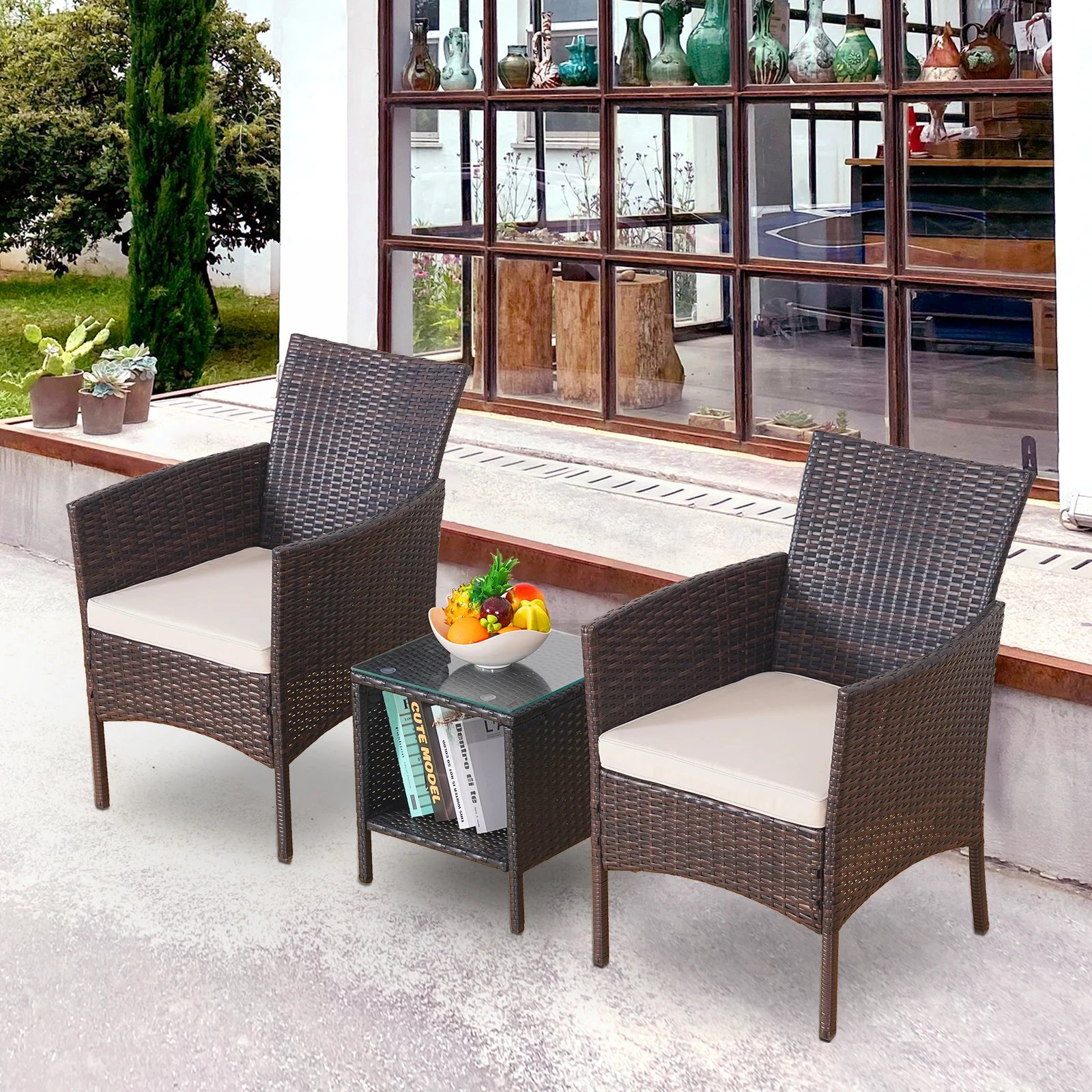 NAGA BAHNA 3-Piece Bistro Set Outdoor Patio Furniture Rattan Chairs Table Soft Cmats Tempered Glass Durable Comfortable Garden - Image 2