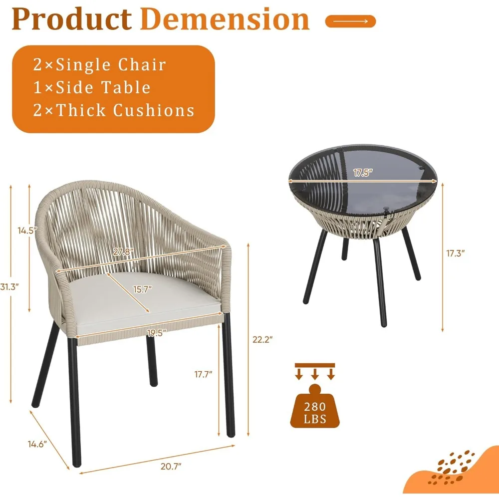 Patio Furniture Set 3 Pieces Rope Woven Bistro Set Outdoor Conversation Set with 2 Wide Chairs,Cushions and Tempered Glass Tabl - Image 6