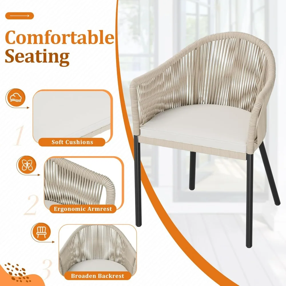 Patio Furniture Set 3 Pieces Rope Woven Bistro Set Outdoor Conversation Set with 2 Wide Chairs,Cushions and Tempered Glass Tabl - Image 3