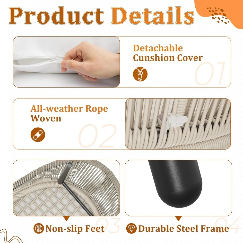 Patio Furniture Set 3 Pieces Rope Woven Bistro Set Outdoor Conversation Set with 2 Wide Chairs,Cushions and Tempered Glass Tabl - Image 5