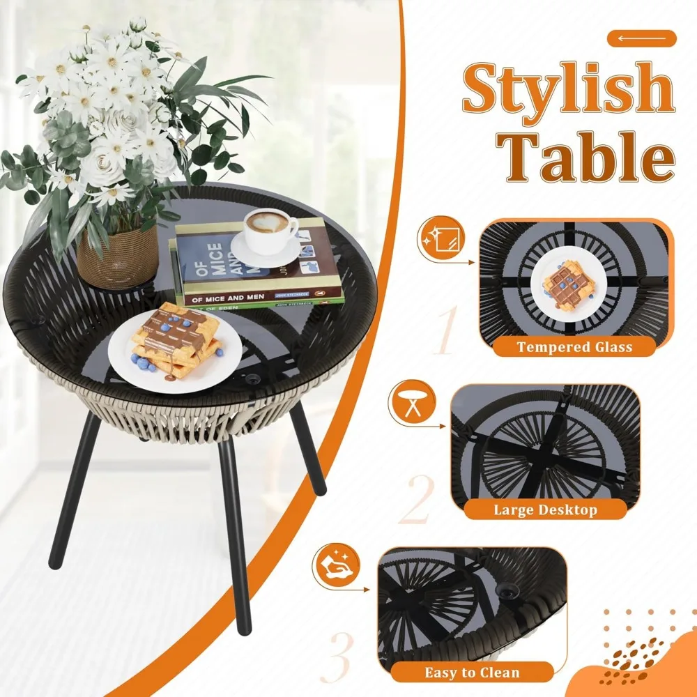 Patio Furniture Set 3 Pieces Rope Woven Bistro Set Outdoor Conversation Set with 2 Wide Chairs,Cushions and Tempered Glass Tabl - Image 4