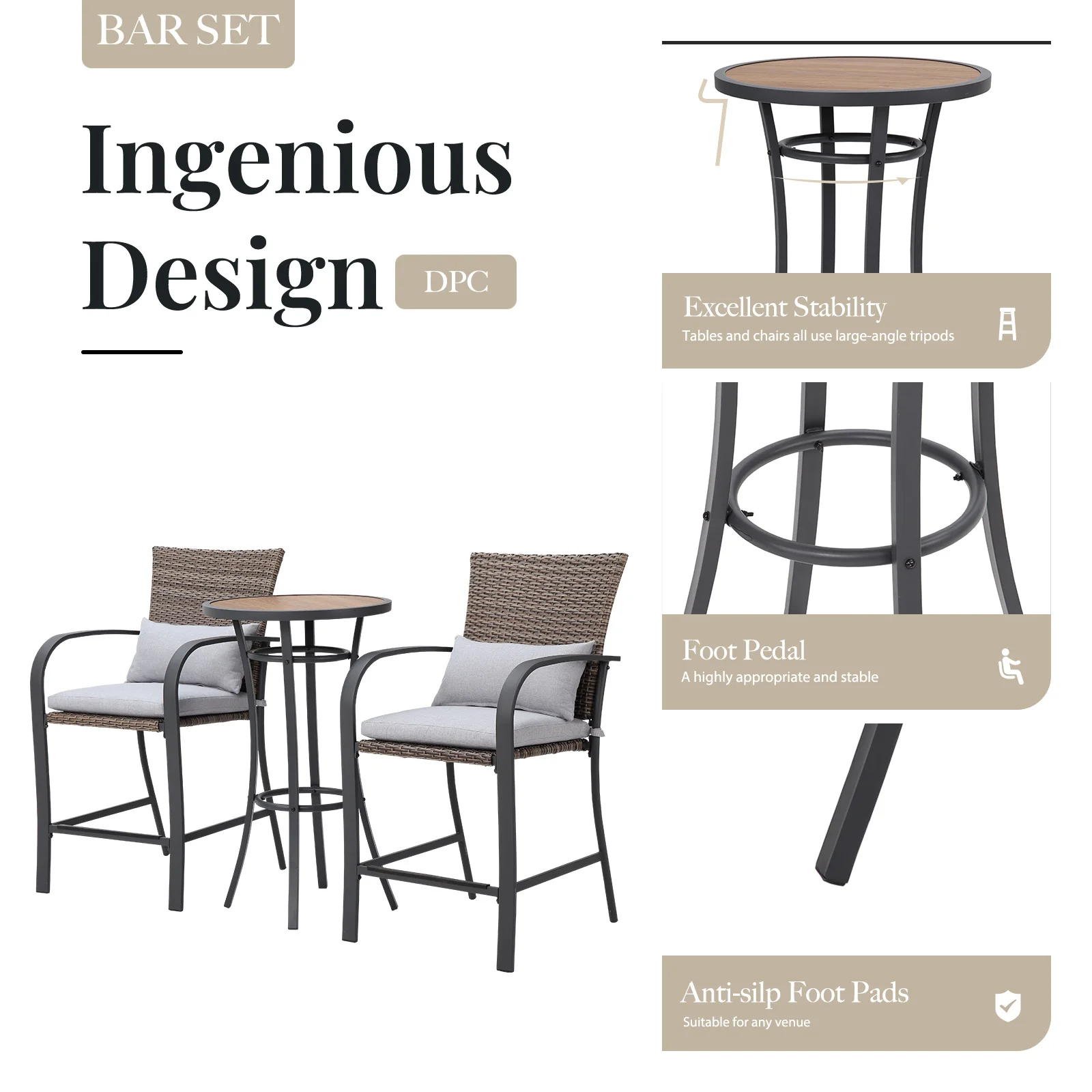 NAGA BAHNA 3pcs Patio Bar Set with Soft Cushion, Rattan Wicker Outdoor Furniture Set for Backyards, Lawn, Deck, Poolside - Image 3