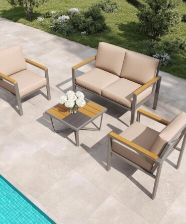 4-Piece Outdoor Patio Furniture Set, Metal Conversation Set with Cushions & Wood-Like Armrests, Modern Patio Sectional