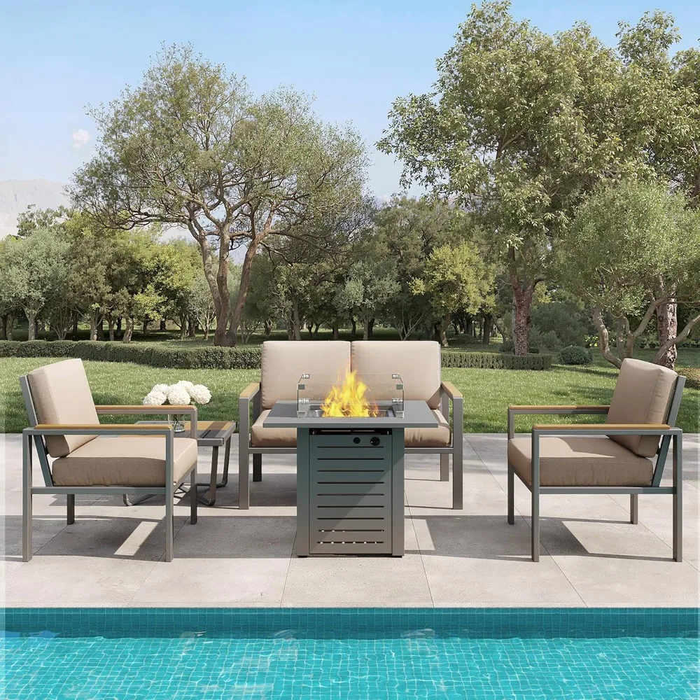 4-Piece Outdoor Patio Furniture Set, Metal Conversation Set with Cushions & Wood-Like Armrests, Modern Patio Sectional - Image 2