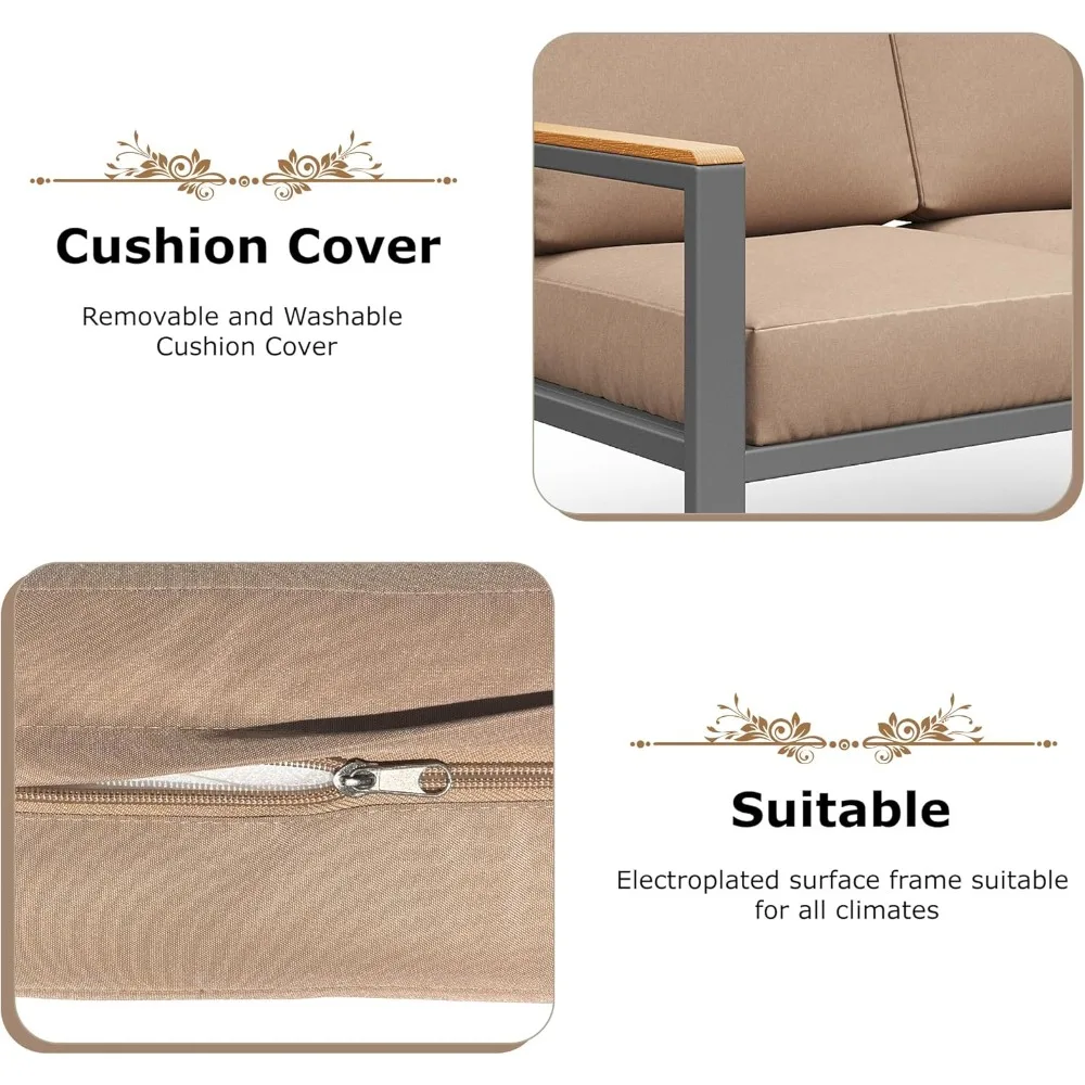 4-Piece Outdoor Patio Furniture Set, Metal Conversation Set with Cushions & Wood-Like Armrests, Modern Patio Sectional - Image 4