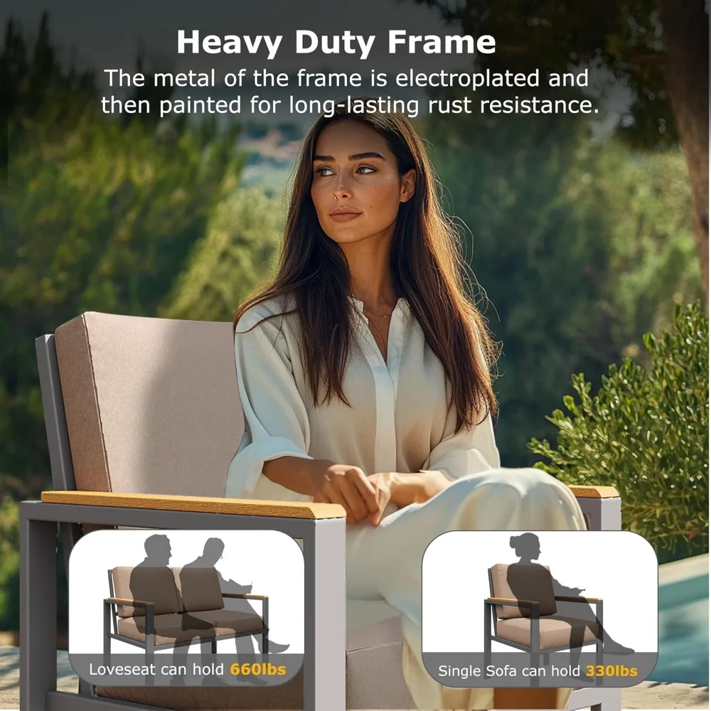 4-Piece Outdoor Patio Furniture Set, Metal Conversation Set with Cushions & Wood-Like Armrests, Modern Patio Sectional - Image 6