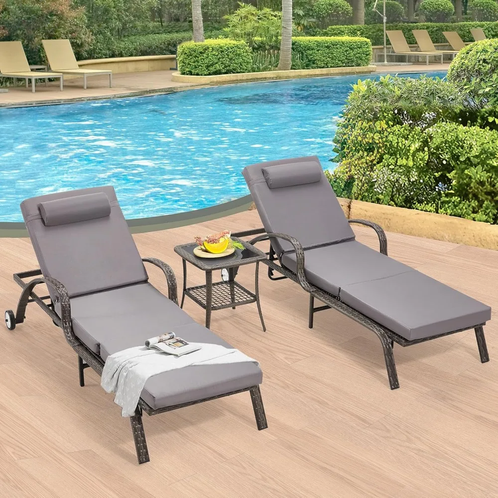 Wicker Chaise Lounge Set of 2, Pool Lounge Chair with Side Table, Outdoor Reclining Lounger Chair with Wheels 5-Level Adjustabl