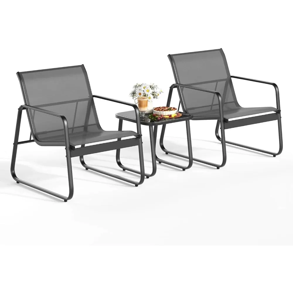 Patio Chairs 2 Piece Set, Patio Furniture Set with Metal Frame Glass Table for Balcony, Lawn, Black - Image 3