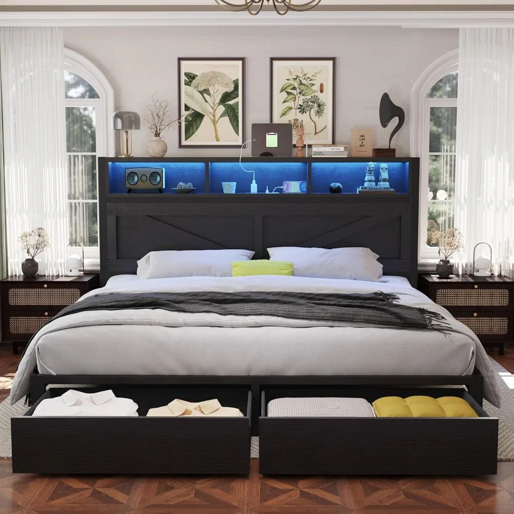 Farmhouse Frame with Bookcase Headboard and Storage Drawers, LED Lights and Charging Station, No Box Spring Needed, Noise Free