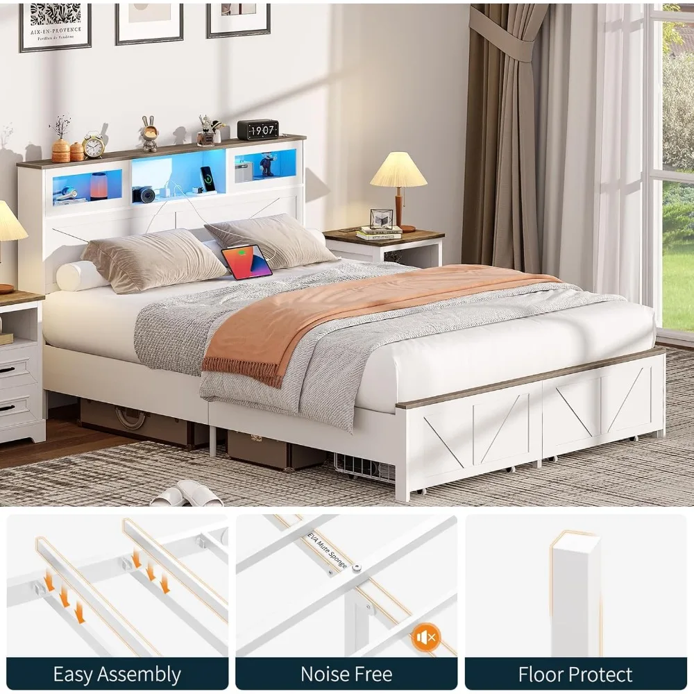 Bed Frame with Headboard, Bed Frame with Charging Station, LED Beds with Storage Drawers, Wood Farmhouse Bedframe, Noise-Free - Image 5