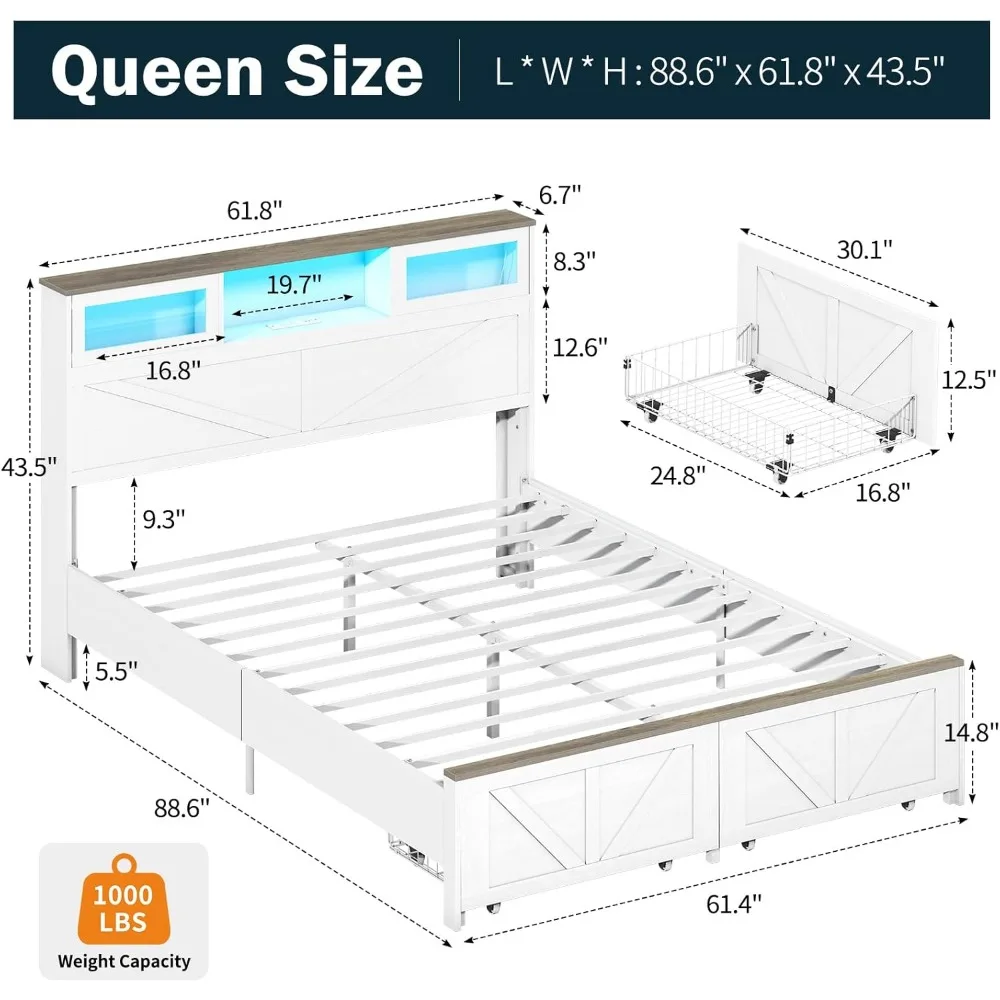 Bed Frame with Headboard, Bed Frame with Charging Station, LED Beds with Storage Drawers, Wood Farmhouse Bedframe, Noise-Free - Image 6