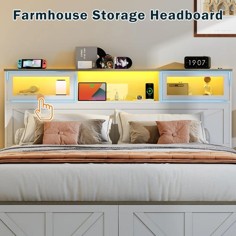 Bed Frame with Headboard, Bed Frame with Charging Station, LED Beds with Storage Drawers, Wood Farmhouse Bedframe, Noise-Free - Image 4