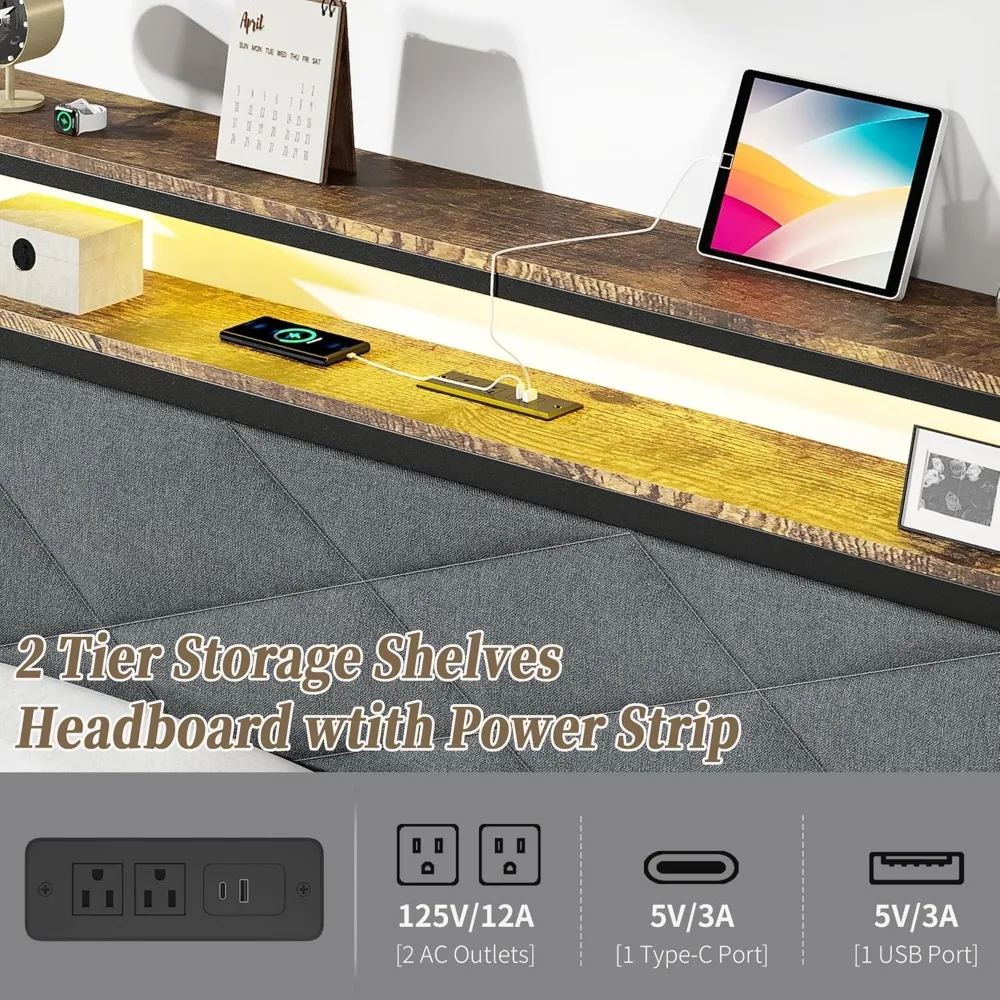Bed Frame with LED Headboard & Built-in USB Charging Station,Linen Upholstered Backrest Metal Bed with Shelves,Under Bed Storage - Image 3