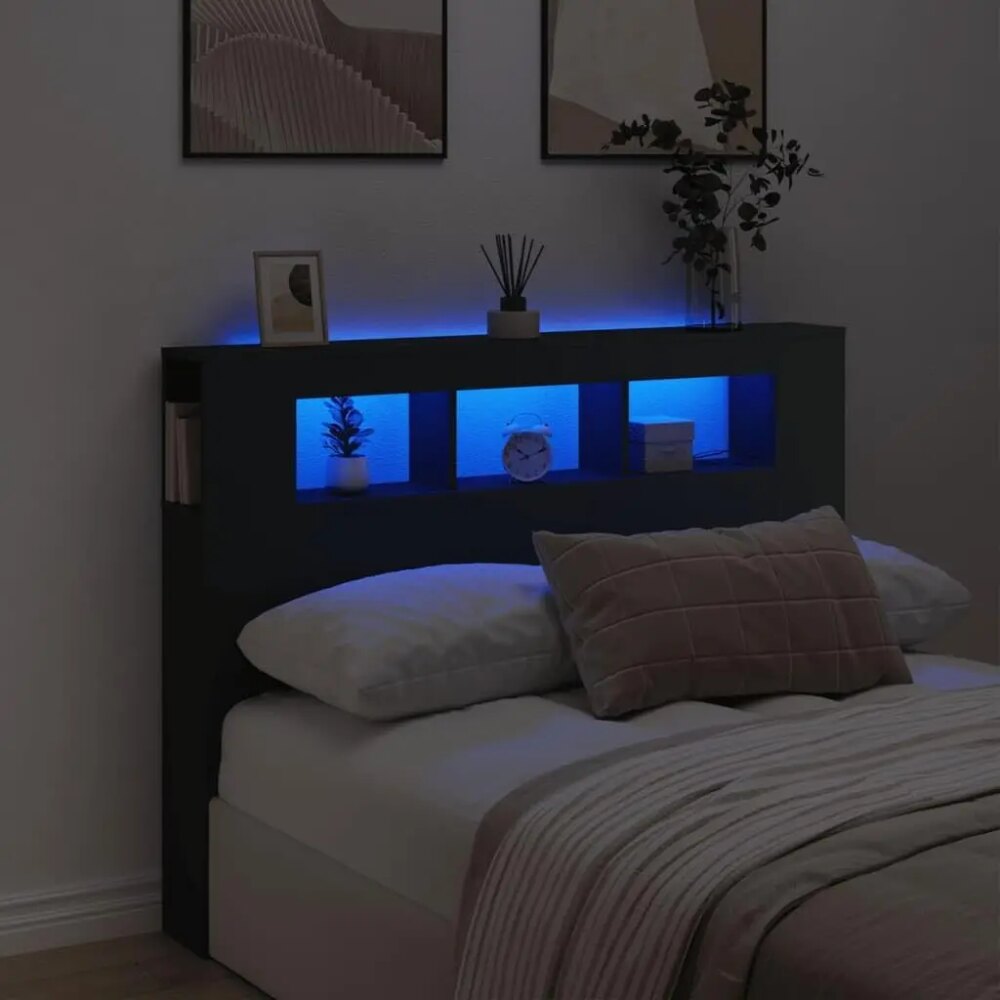 Headboard for Queen Size Bed, Black Engineered Wood, 140cm Wide, RGB Lights, Wall Mounted, Storage She