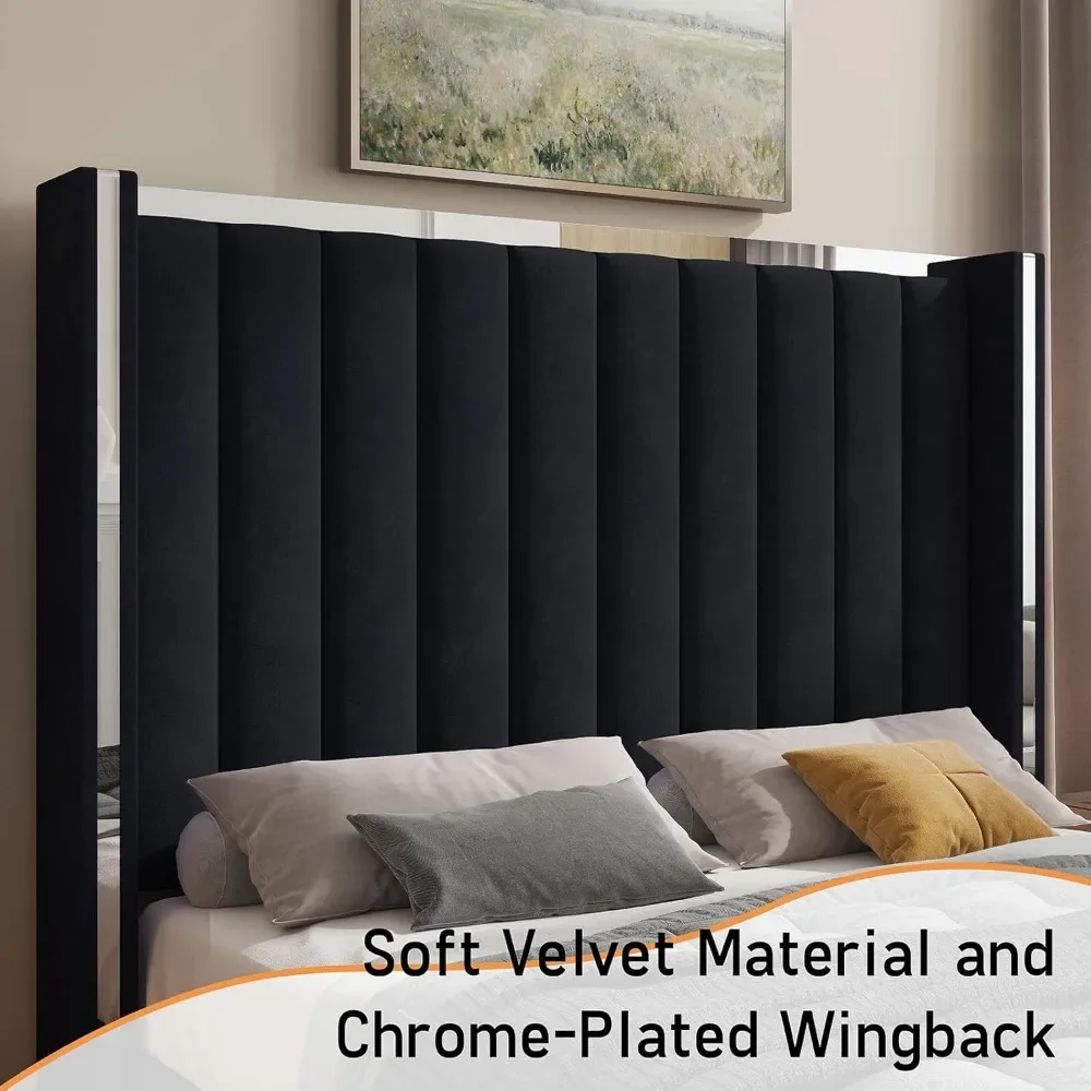 Size Bed Frame with 58" Tall Headboard, Velvet Upholstered Platform Bed with Channel Tufted Wingback Headboard a - Image 3