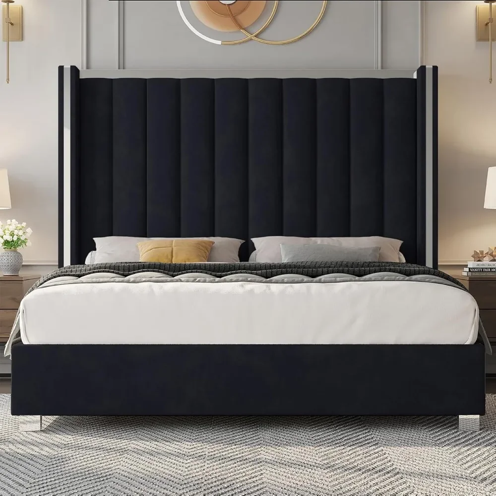 Size Bed Frame with 58" Tall Headboard, Velvet Upholstered Platform Bed with Channel Tufted Wingback Headboard a - Image 5