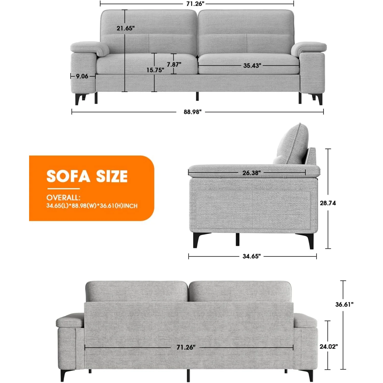 Modern Sofa Couches for Living Room, Deep Seat Sofas with 8”Cushion, Comfy 2-Seater Chenille Loveseat with Convertible - Image 3