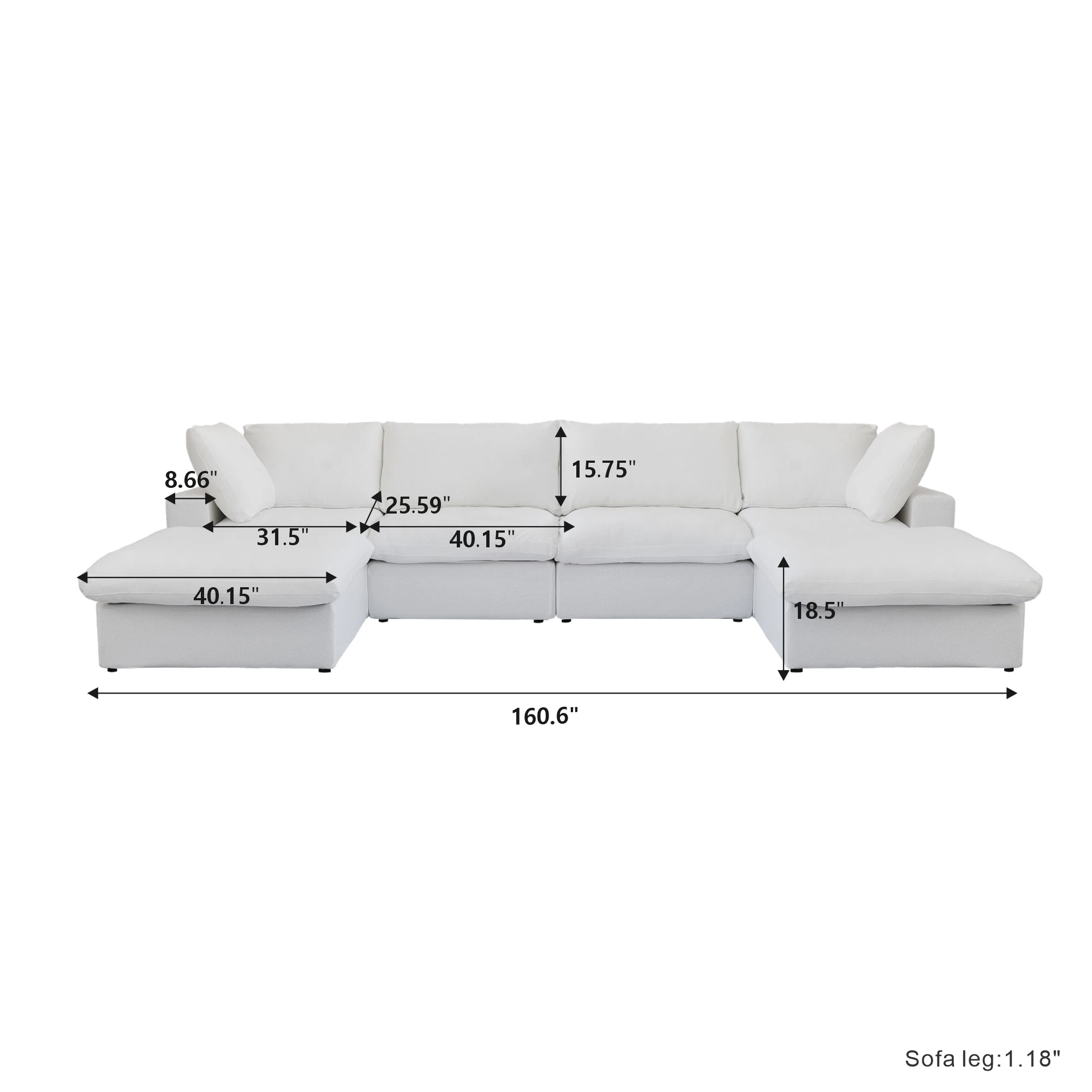 Modular Convertible Cloud Couch 6-Seats U-Shaped Couches Comfy Down Filled Sectional Sofa With Ottomans Removable Cushion Covers - Image 5