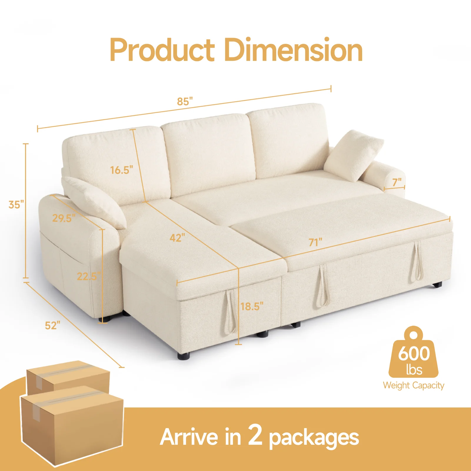 L Shaped Sleeper Sofa, 85" Pull Out Couch Bed with Storage Chaise, 2 in 1 Sectional Sofa Couch with Pullout Bed & 2 Pillows - Image 2