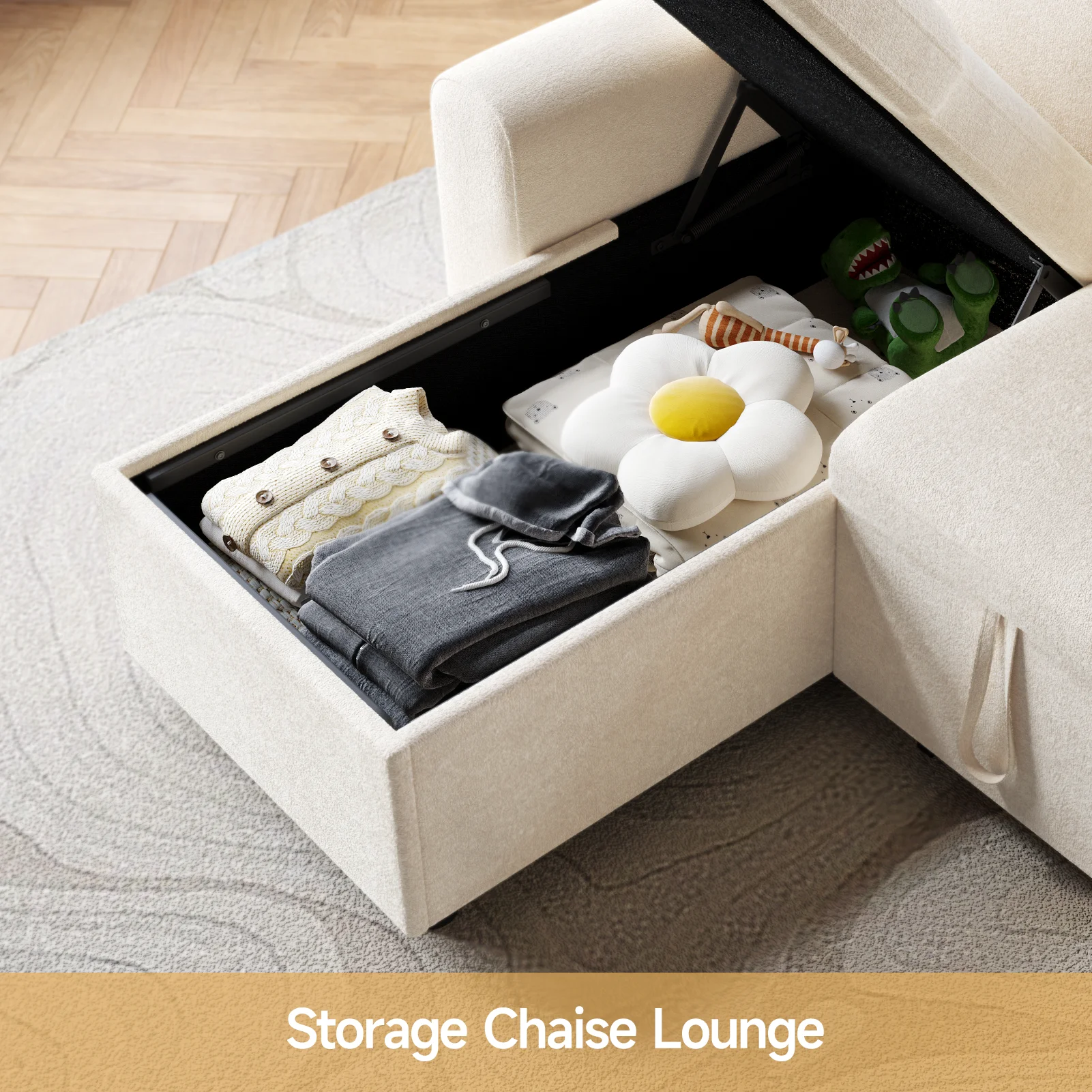 L Shaped Sleeper Sofa, 85" Pull Out Couch Bed with Storage Chaise, 2 in 1 Sectional Sofa Couch with Pullout Bed & 2 Pillows - Image 4