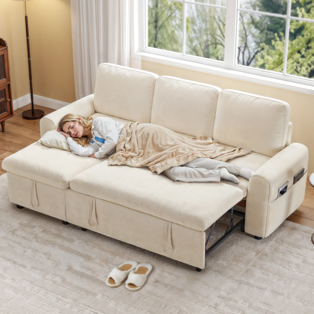 L Shaped Sleeper Sofa, 85" Pull Out Couch Bed with Storage Chaise, 2 in 1 Sectional Sofa Couch with Pullout Bed & 2 Pillows