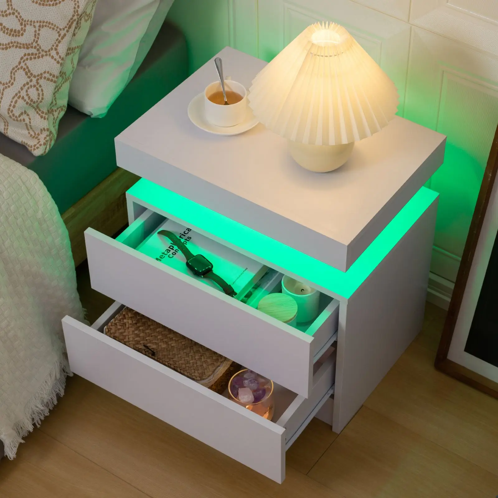 Cubehom LED Nightstands with 2 Drawers, End Table with RGB LED Lights for Bedroom Living Room, White Bedside Table - Image 4