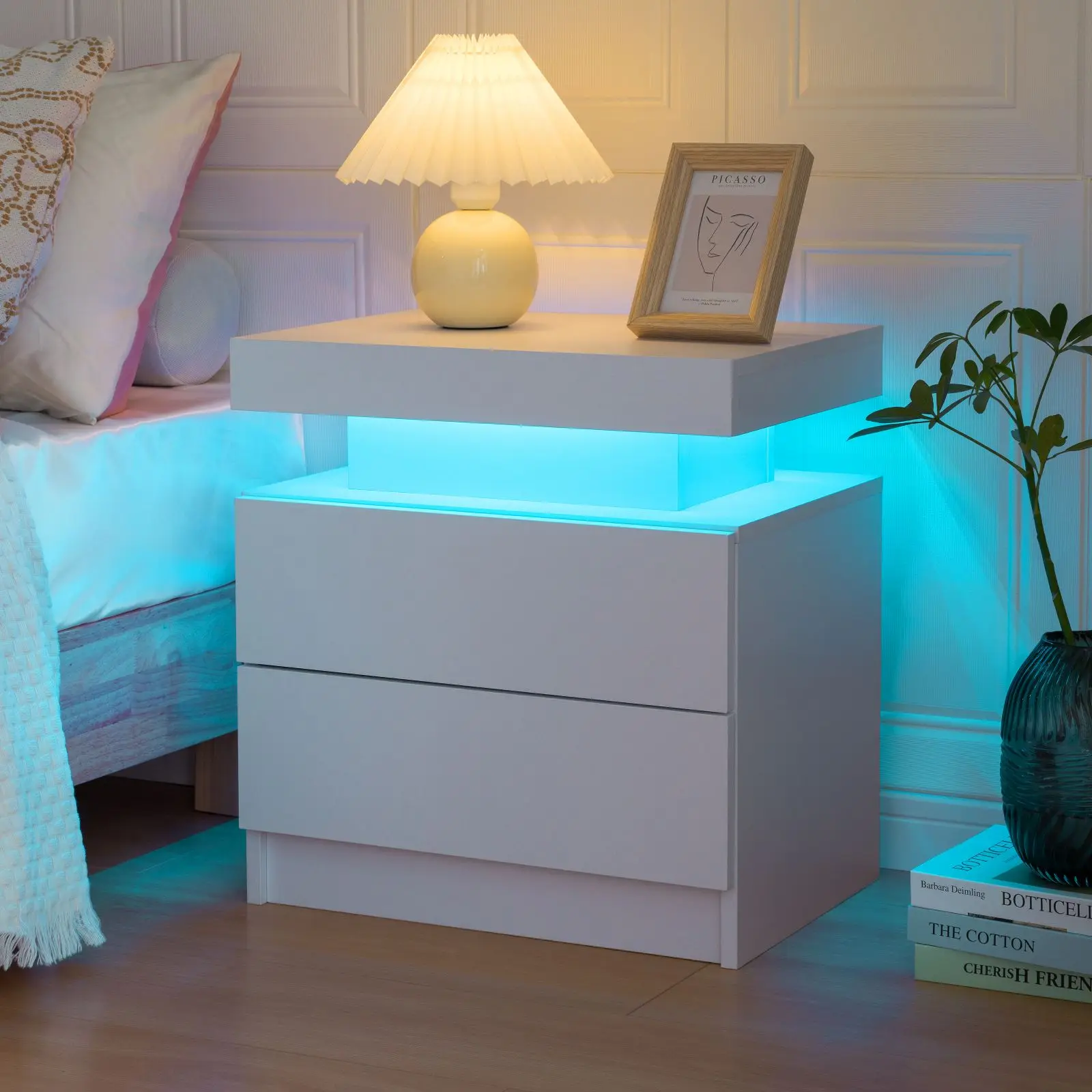 Cubehom LED Nightstands with 2 Drawers, End Table with RGB LED Lights for Bedroom Living Room, White Bedside Table - Image 2