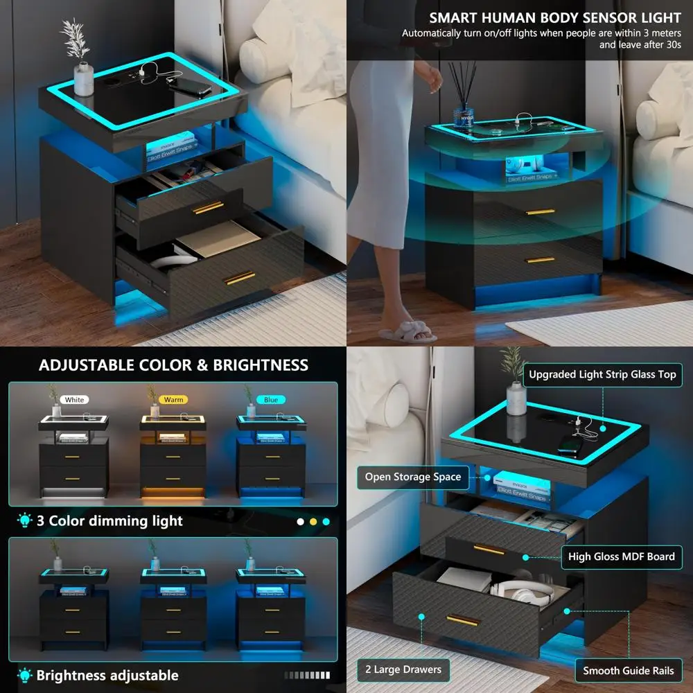 wireless charging led nightstand with smart storage, dual drawers, tempered glass top, and 3-color adjustable lighting