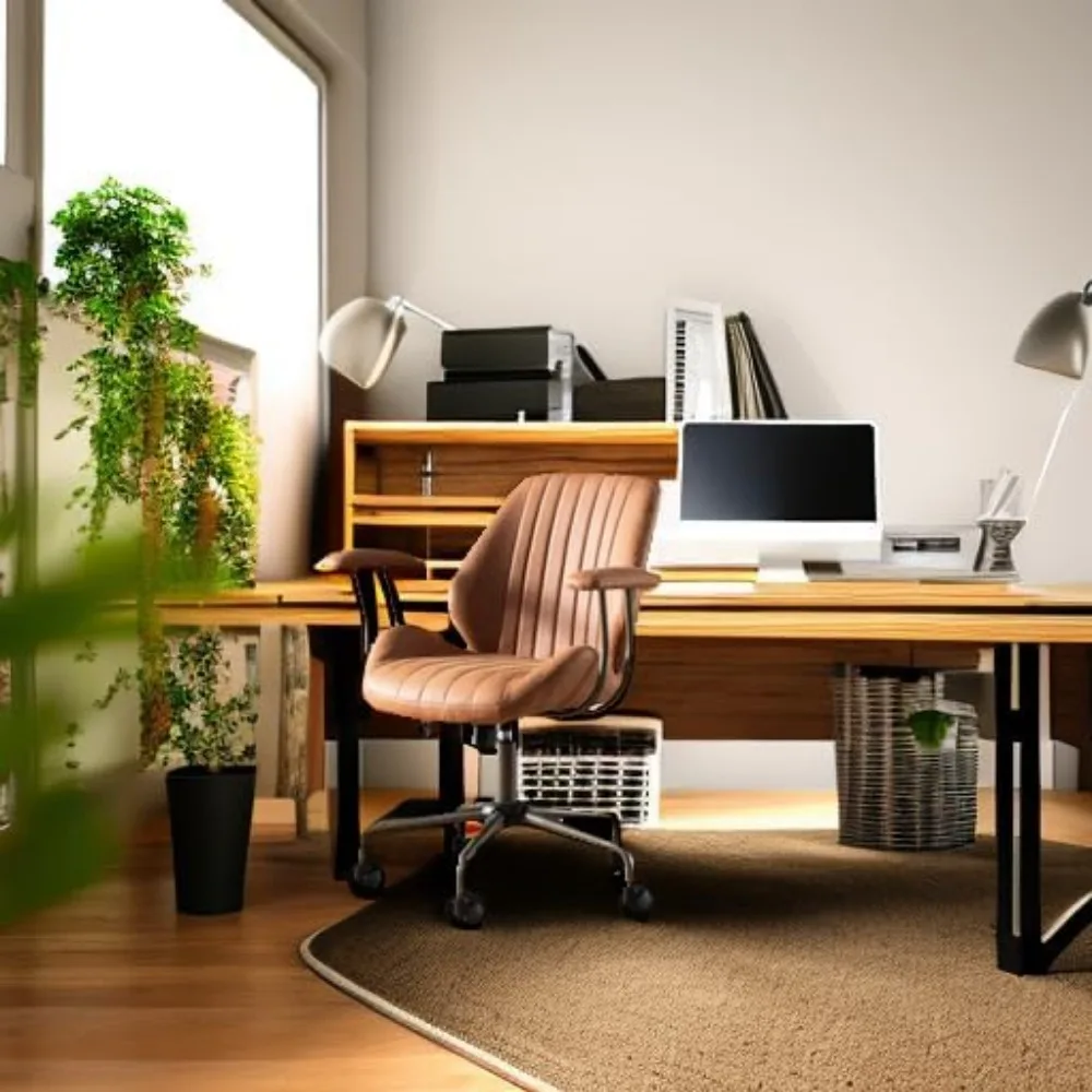 Home Office Chair, Mid-Century Modern Faux Leather Chair, Swivel Rolling Task Chairs with Padded Armrests, Comfy Mid-Back - Image 4