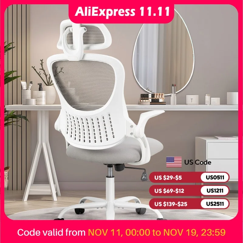 JHK Mesh Ergonomic Office Computer Desk Chair Flip-up Arms Adjustable Headrests Comfortable Lumbar Support For Home Office