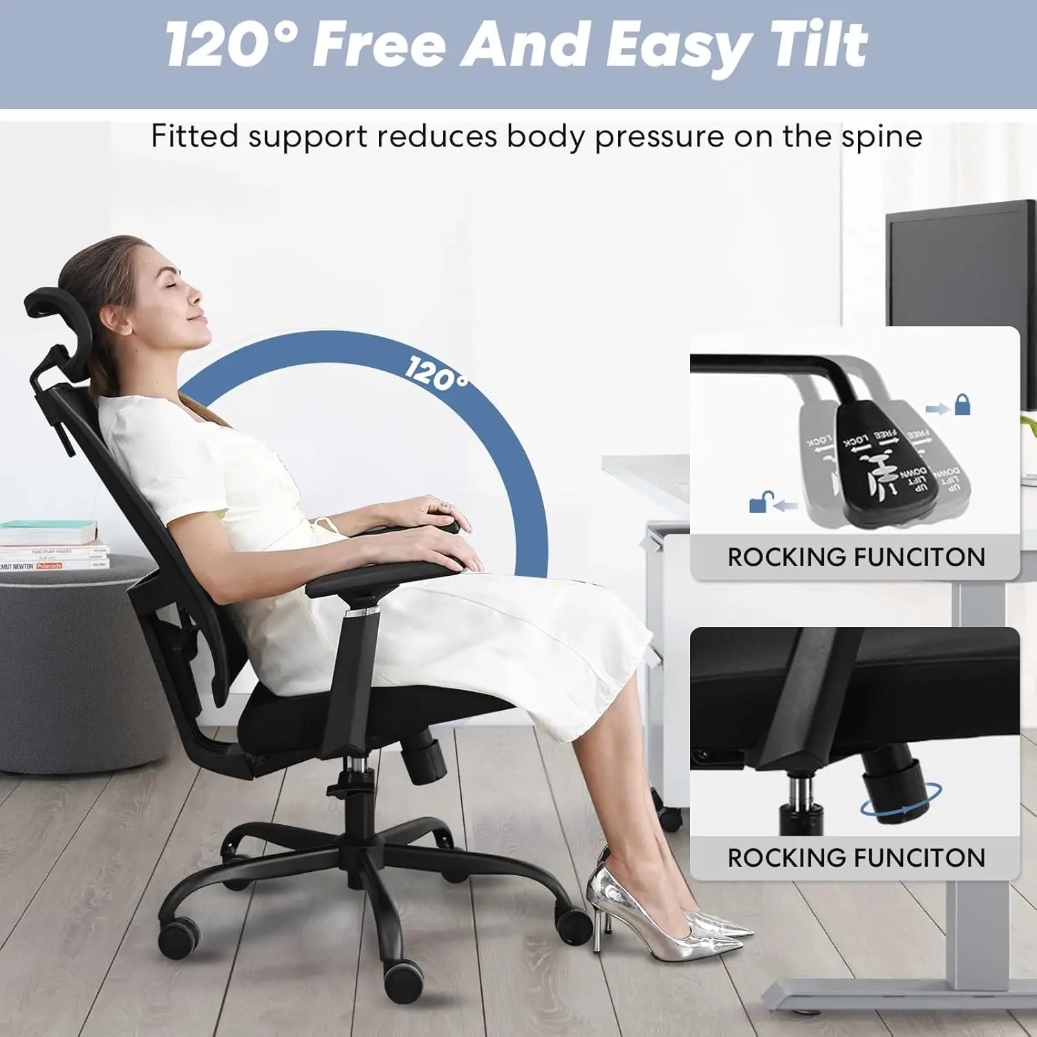 New Ergonomic Mesh Adjustable Lumbar Support Office Chair 120°Tilt High Back Comfortable Computer Chair with Soft Flip Up Arms - Image 4