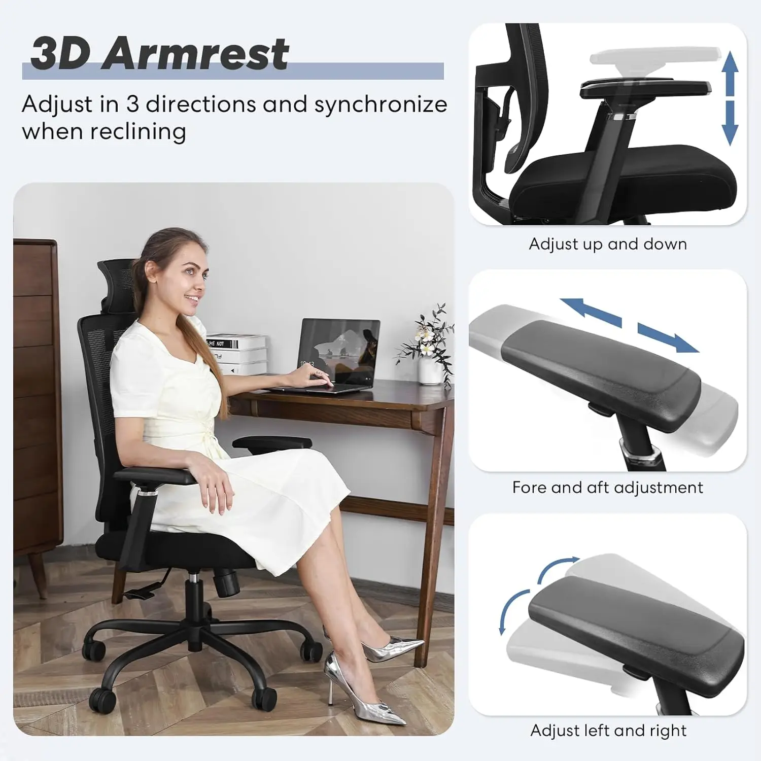 New Ergonomic Mesh Adjustable Lumbar Support Office Chair 120°Tilt High Back Comfortable Computer Chair with Soft Flip Up Arms - Image 3