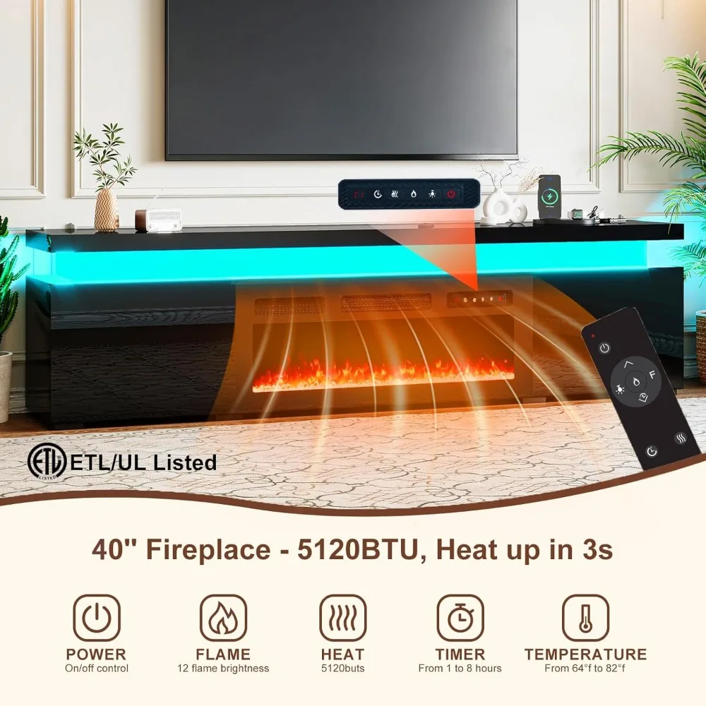 85’’ Fireplace TV Stand for 90 Inch TVs, Modern Entertainment Centers with LED Lights, High Gloss TV Console with 40’’ Electric - Image 3