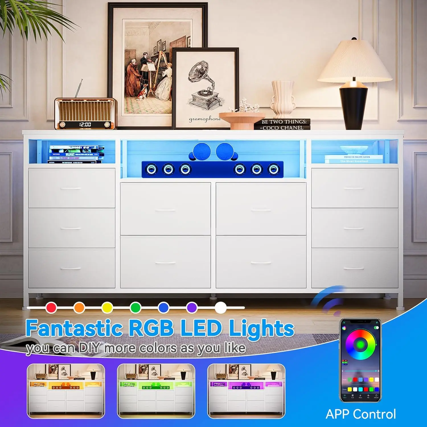 10 Drawer Dresser TV Stand for 65 70 75 Inch TV, 63" W Long Fabric Dresser Entertainment Center, Chest of Drawers Dresser for Be - Image 5