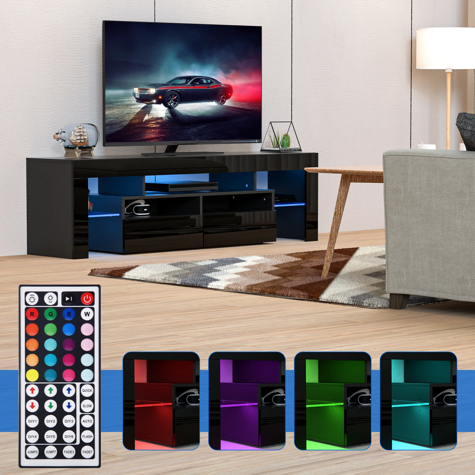 LED TV Stand for Living Room w/20 Colors Lights & Storage Shelf High Gloss TV Cabinet with Large Drawers for Gameroom/Bedroom - Image 4