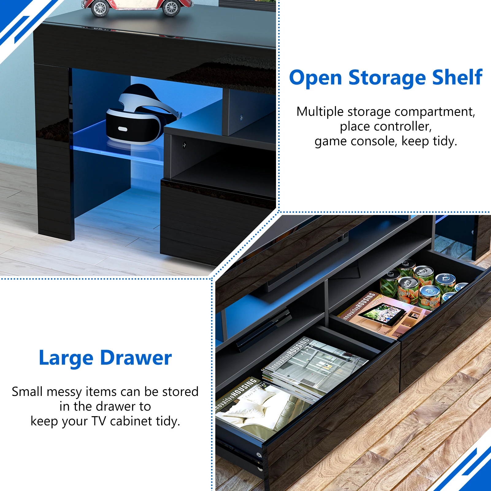 LED TV Stand for Living Room w/20 Colors Lights & Storage Shelf High Gloss TV Cabinet with Large Drawers for Gameroom/Bedroom - Image 6