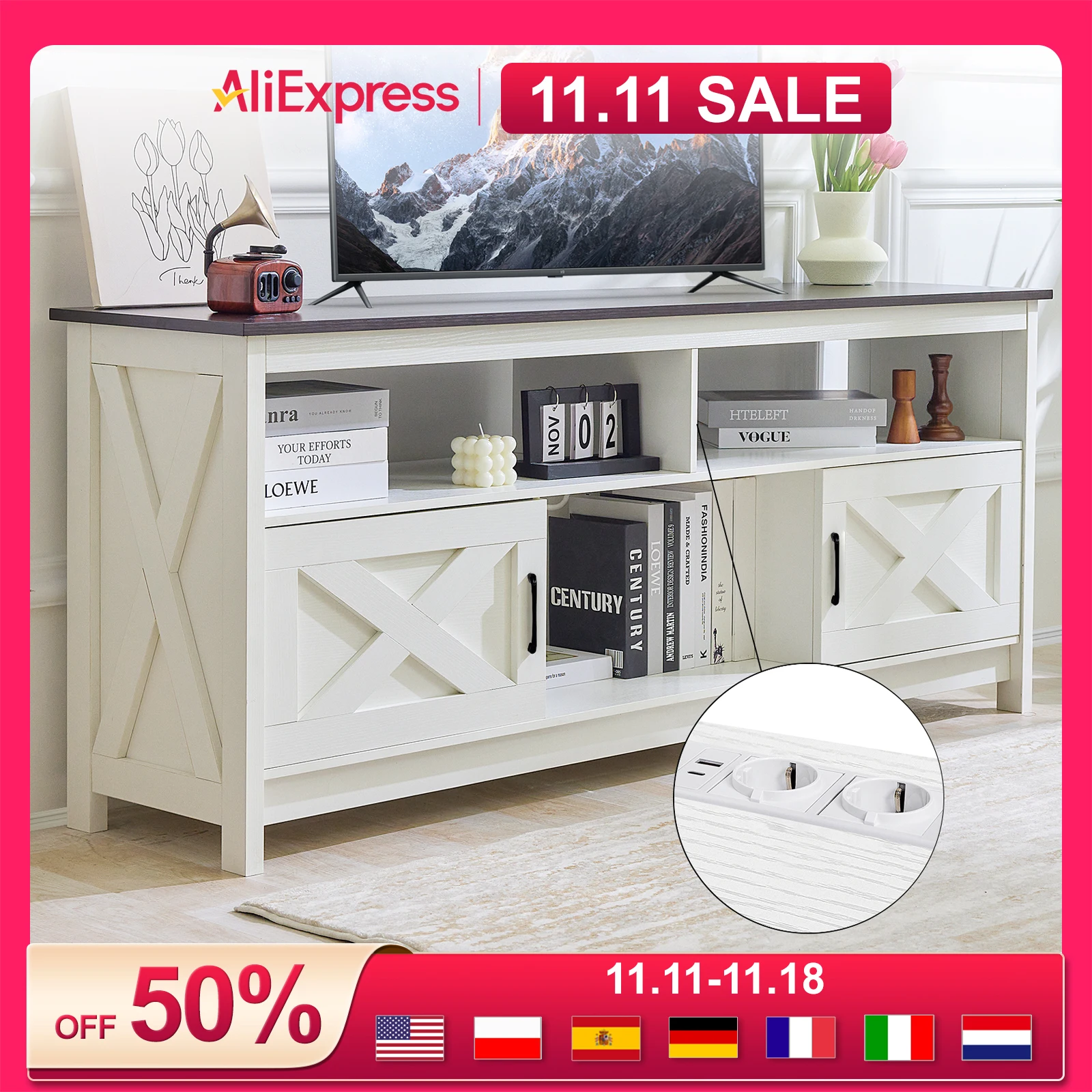 REDLIFE TV Stand for TVs Up to 65 inches Entertainment Center w/ Power Outlet Storage Cabinet Three Open Shelves for Living Room