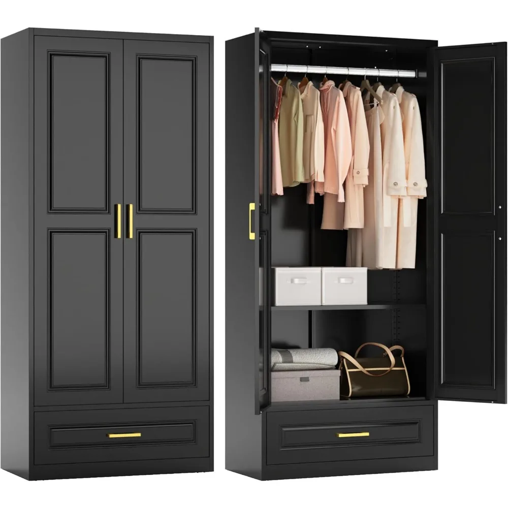 Metal Armoire Wardrobe Closet with Drawer, 71“ Tall Wardrobe with Doors and Shelves, Metal Wardrobes Closet with Hanging Rod,