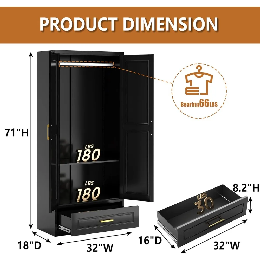 Metal Armoire Wardrobe Closet with Drawer, 71“ Tall Wardrobe with Doors and Shelves, Metal Wardrobes Closet with Hanging Rod, - Image 3