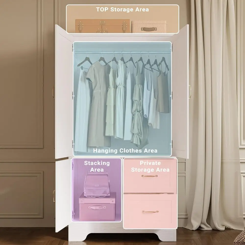 LIKIMIO Wardrobe Closet with Mirror and Doors & Drawers and Shelves, Wooden Armoire Storage Cabinet with Hanging Rod for Bedroom - Image 5