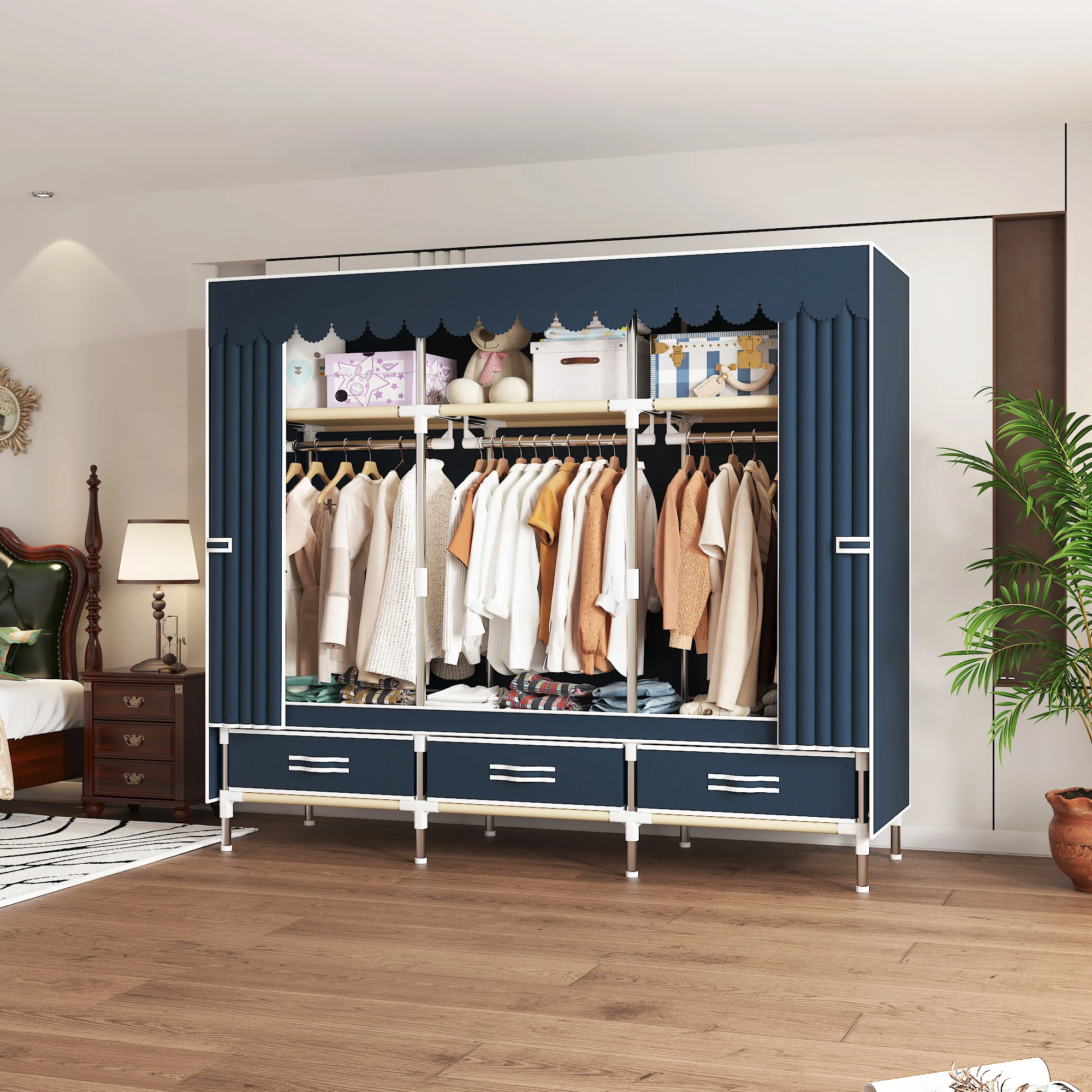 Portable Wardrobe Closet with Steel Frame Non-Woven Fabric Dust Cover - Includes Storage Compartment And Drawers for Bedroom - Image 3