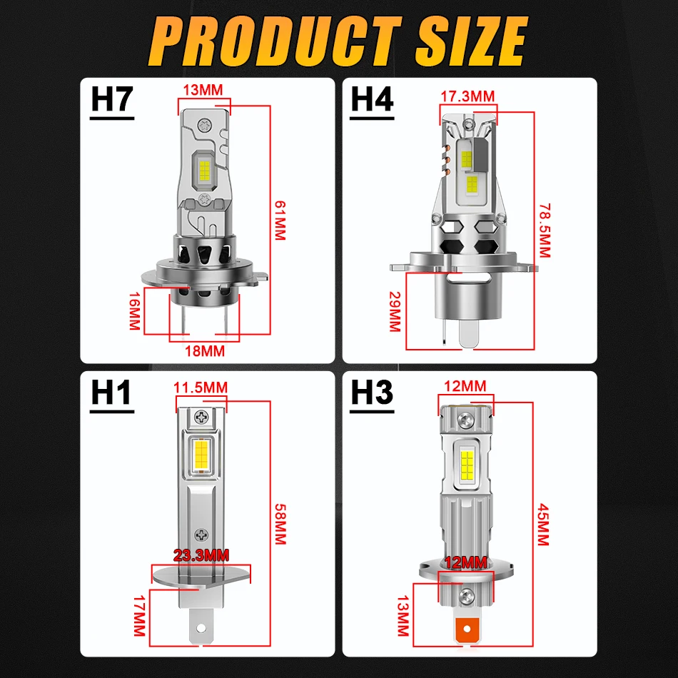 H1 LED Headlights 3500000LM 6000K 3200W 16PCS 7585 CSP High Low Beam Turbo Auto Light 1:1 Fanless Mini 12V H7 H4 H3 +600% Bright - Image 6
