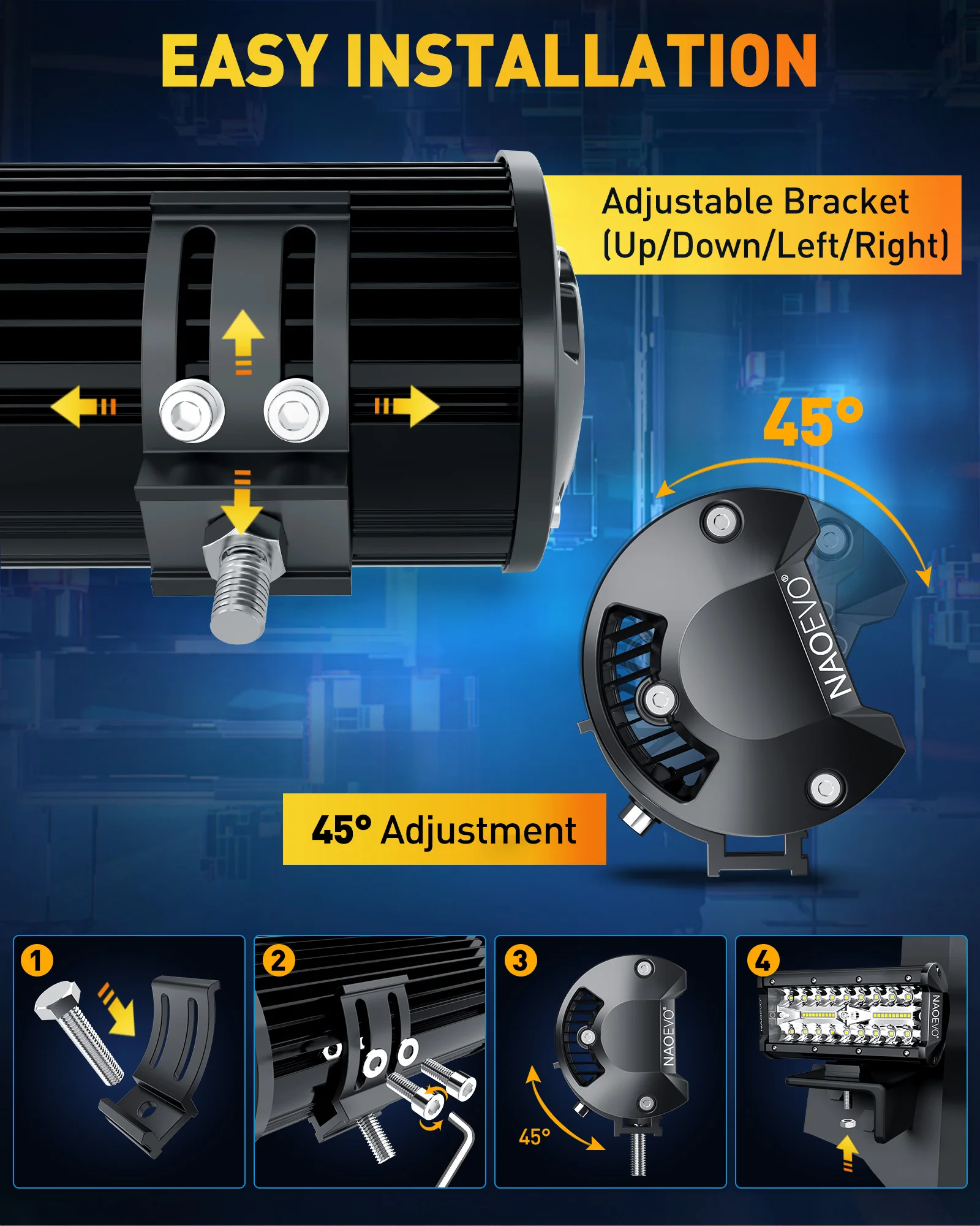 NAOEVO 7 inch LED Light Bar 240W 24000LM 4x4 Offroad Spot Flood Combo Fog LED Waterproof Work Lights for Truck Boat UTV ATV Jeep - Image 6